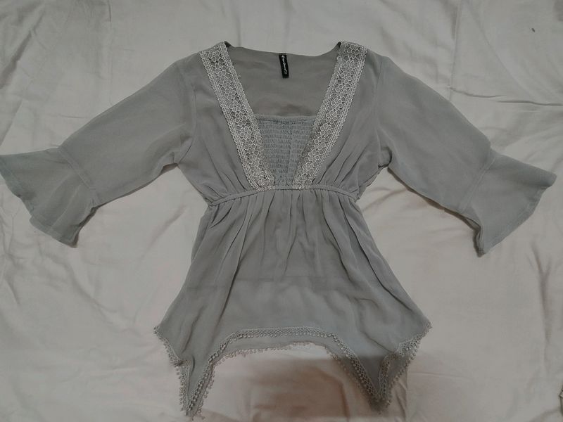 Grey Flared Sleeves Western Snatched Waist Top