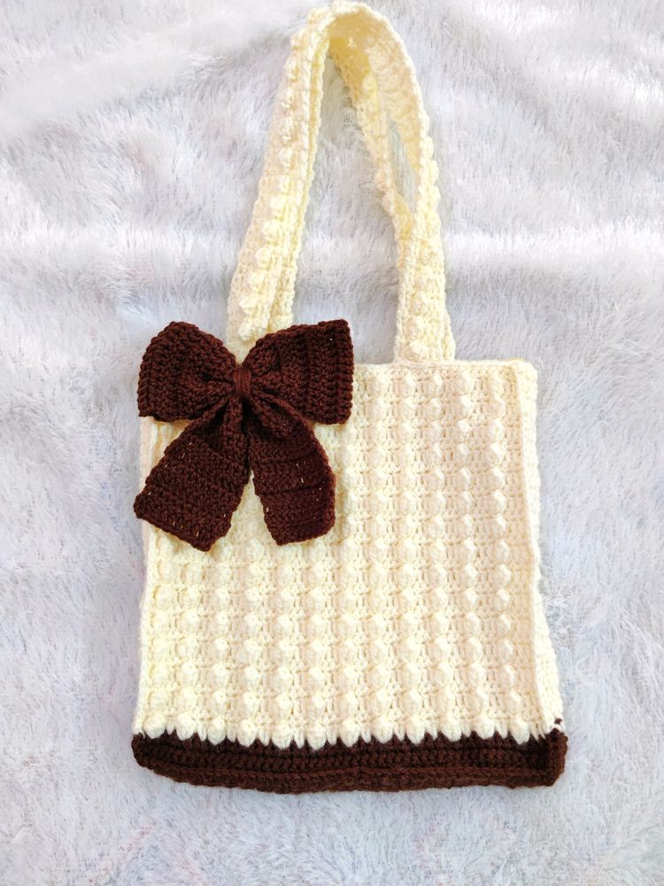 Crochet Brown Bow Popcorn Tote Bag