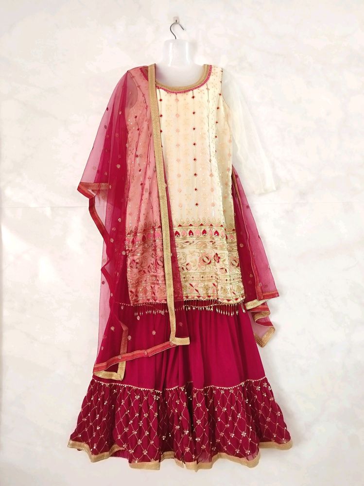 Off White And Pink Sequence Sharara Set ( Women)