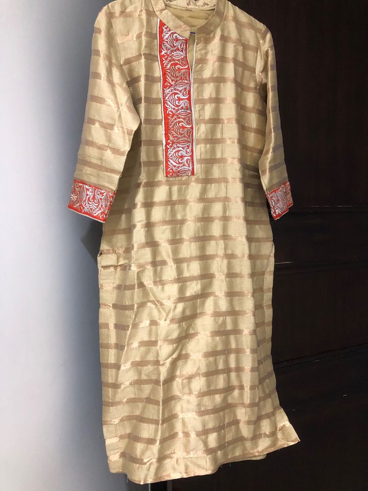 Cream Kurti With Golden Stripes