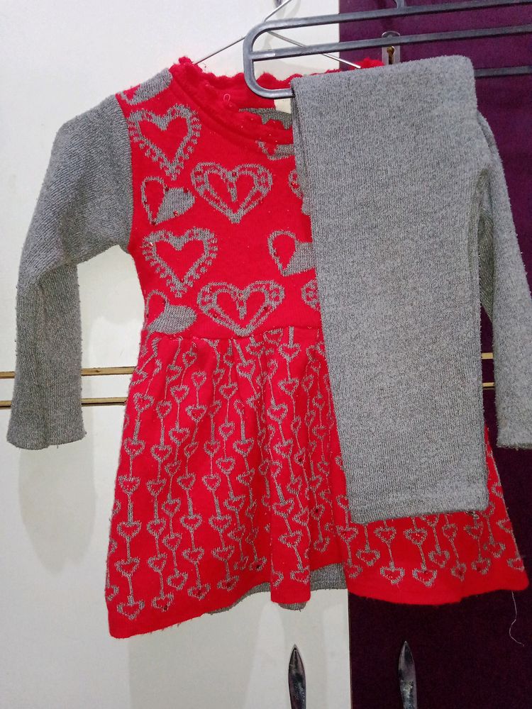 1-2 Yr Grey&Red Colour Woolen Frockset.