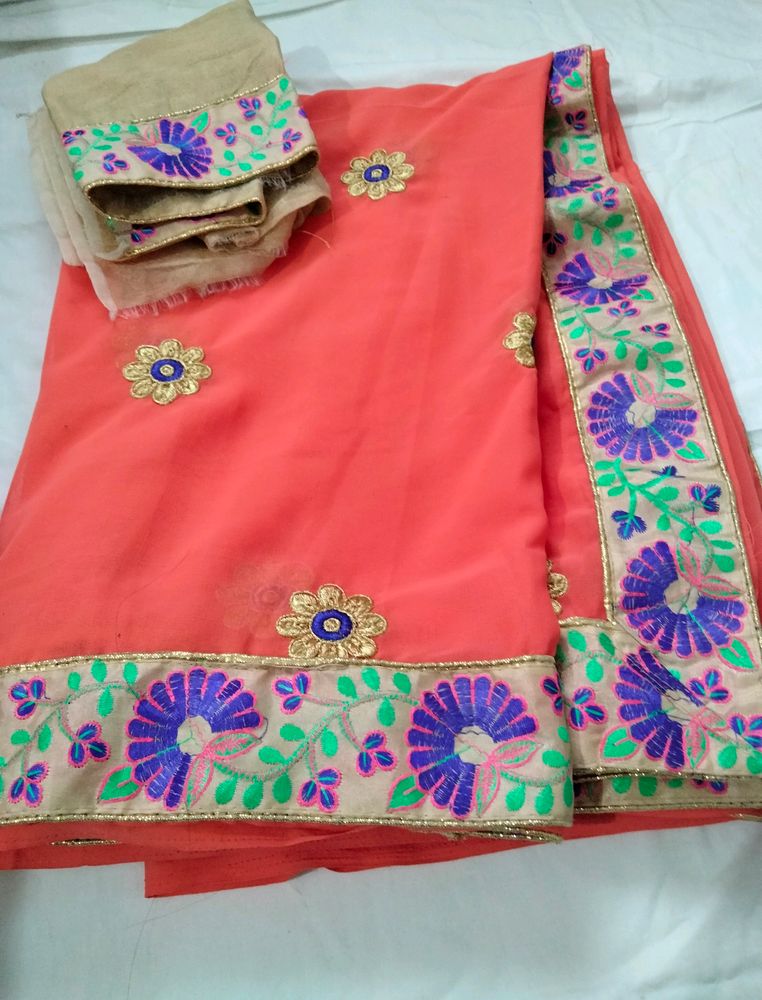 Coral Peace Embroidered Saree With Blouse Piece