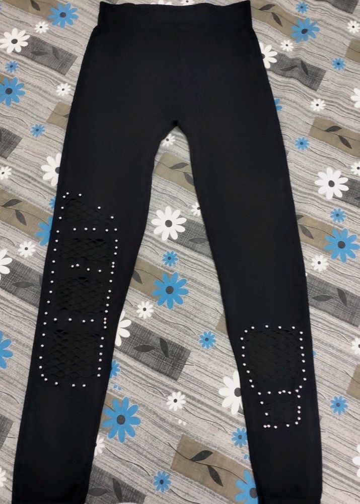 Stretchable Black Net Legging with Silver Beads🖤