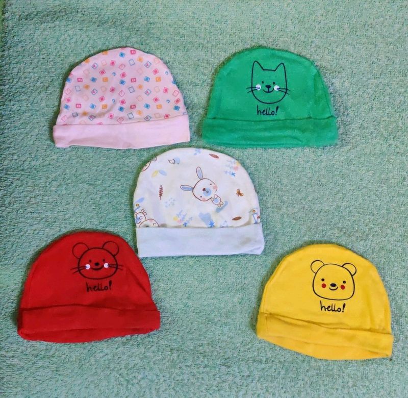 Assorted Set Of 5 Caps, New Born To 6 Months;