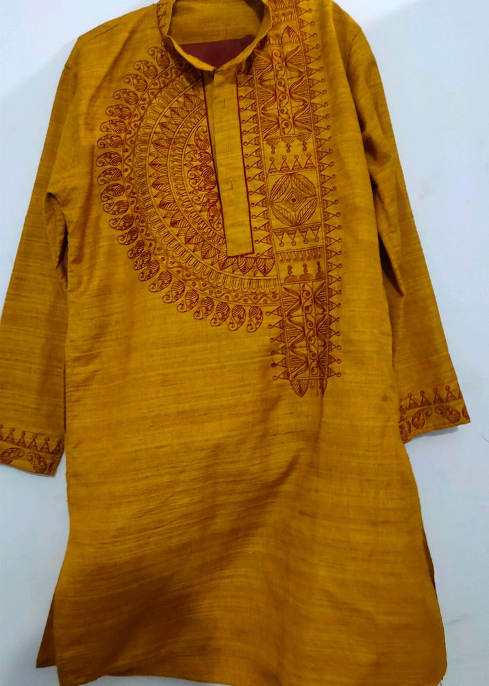 Mustard Coloured Embroidery Kurta With Red Pajama