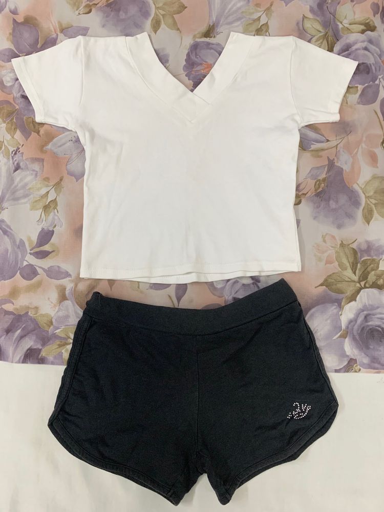 White Crop V neck Top & black Polo shorts (combo)