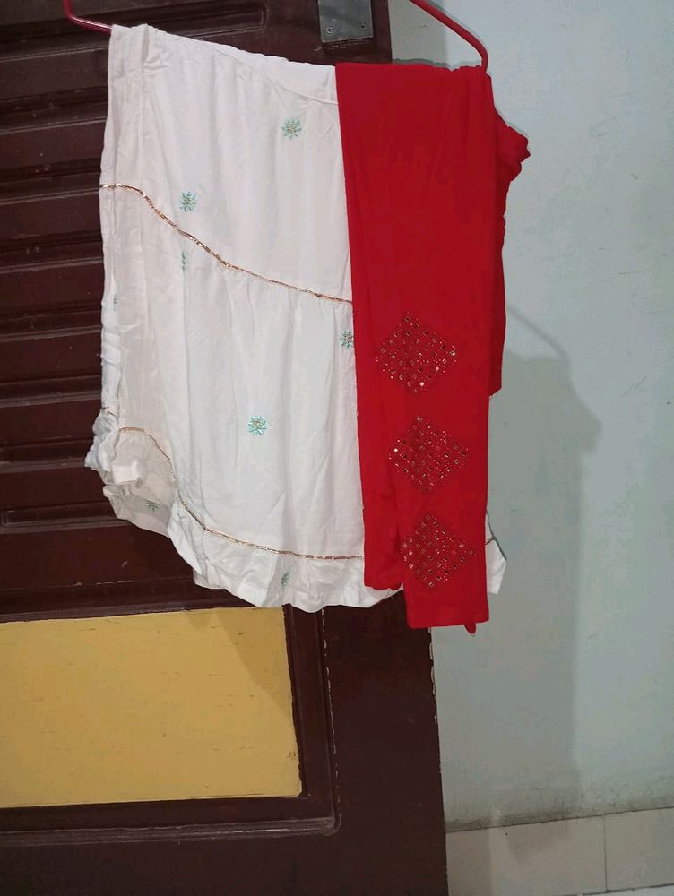 Combo Of White Palazo And Red Pajami