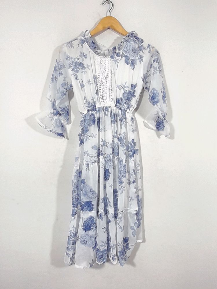 White & Blue Floral Printed Dress(women's)