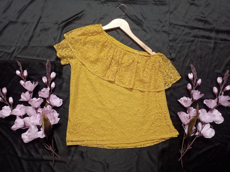 One Shoulder Lace work Mustard Top