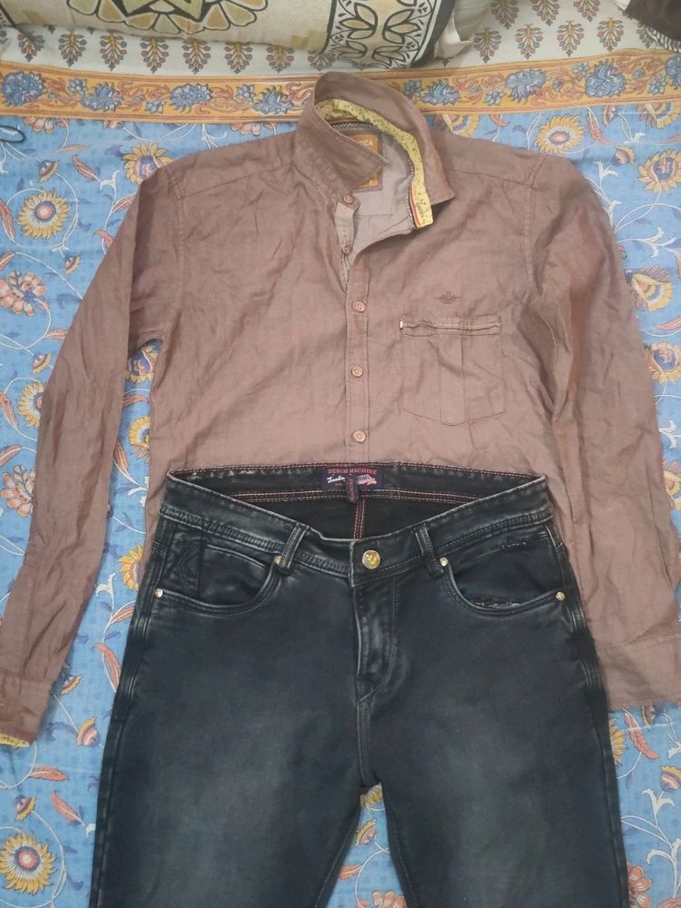 Combo Of Premium Brown Shirt And Black Denim Jeans