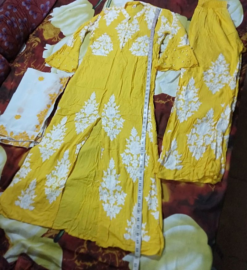 Front Cut Yellow Kurta Palazzo With Dupatta