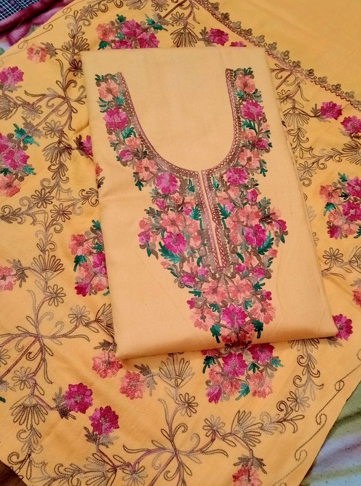 Kashmiri Aari Work  Dress Material Yellow