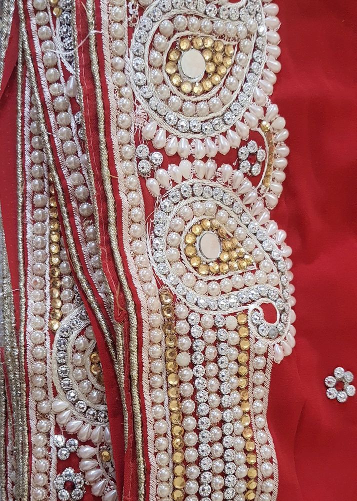 Red Pearl Work Saree