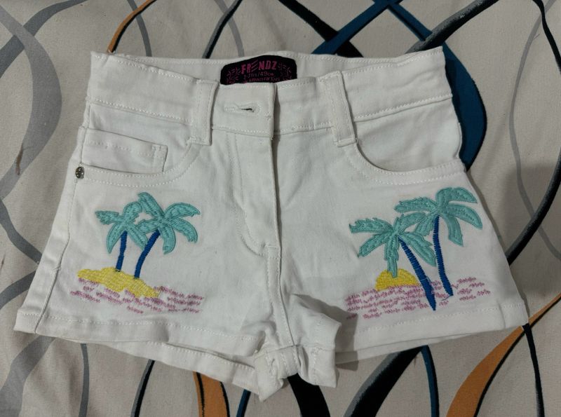 Embroidered White Denim Shorts