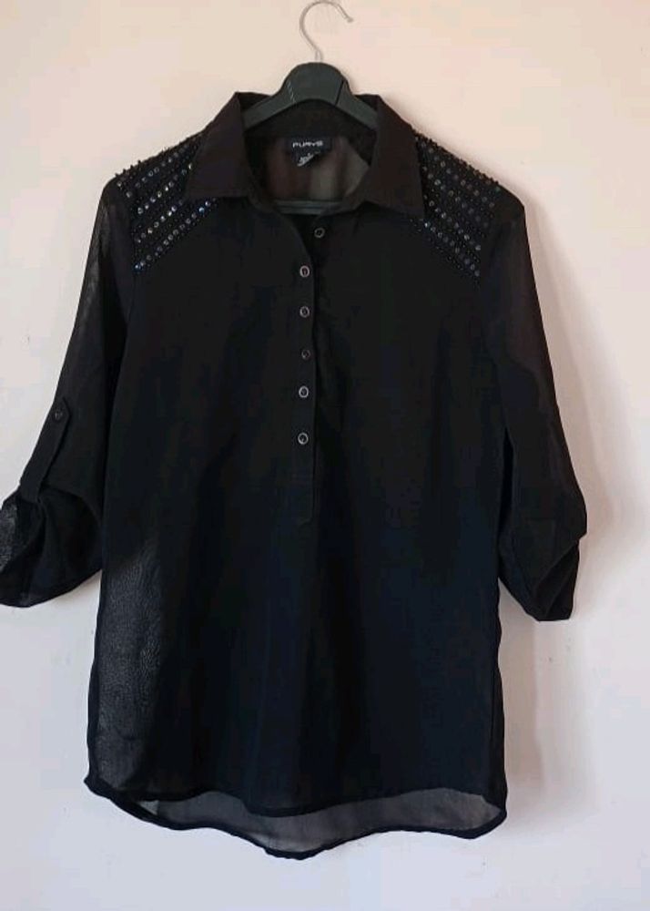 Black Net Top With Sequence Work On The Shoulders