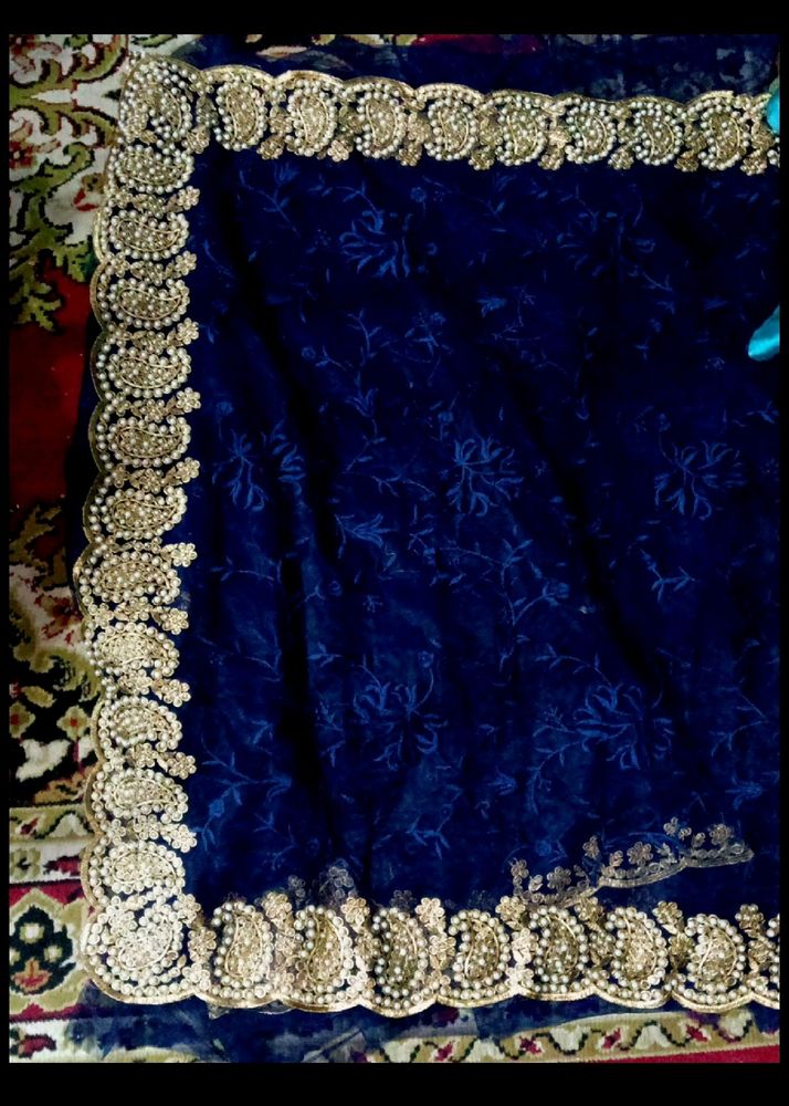 Navy Blue Saree With Pearl And Thread Work Border