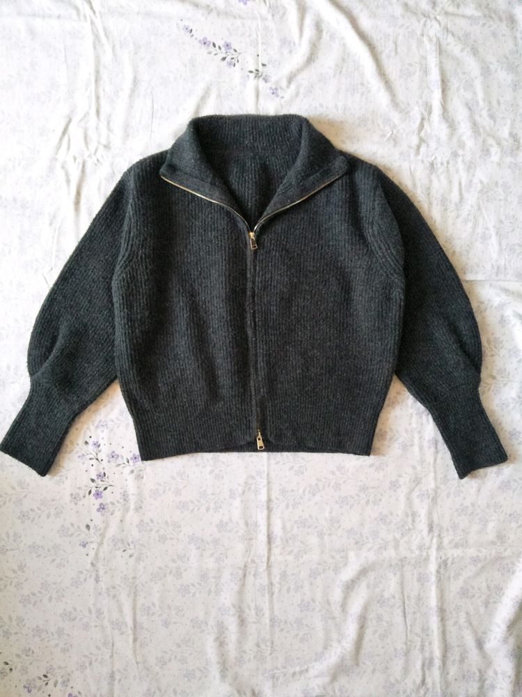 Knitted Grey Double Zipper Cardigan