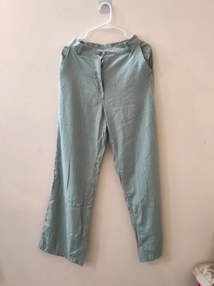 H&M Light Khaki Green Straight Linen Blend Trouser