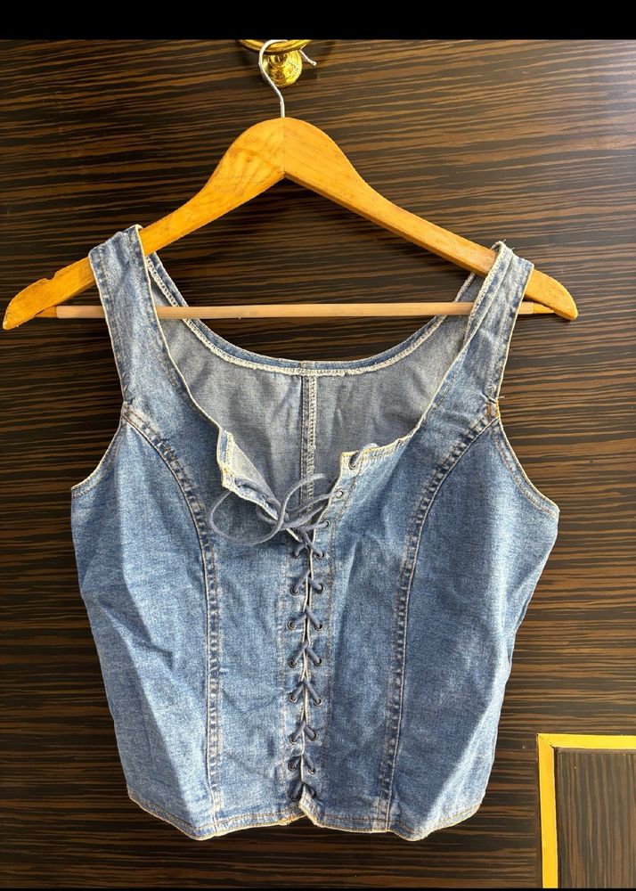 Denim Corset Top With Front Knots