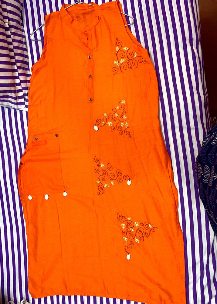 HANDWORK ORANGE SLEEVELESS KURTI