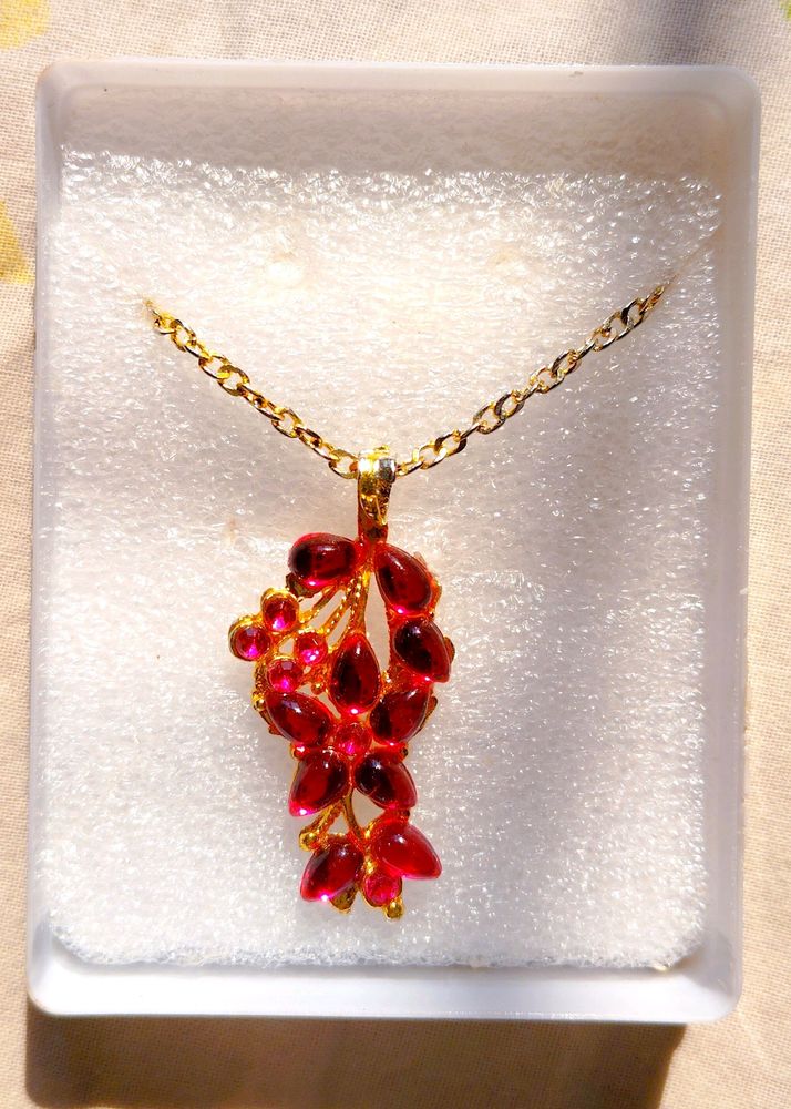 Gold Necklace with Radiant Pink-redGemstone