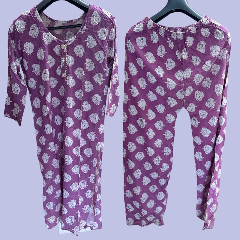 Lavender Floral Print Kurta Pant Set