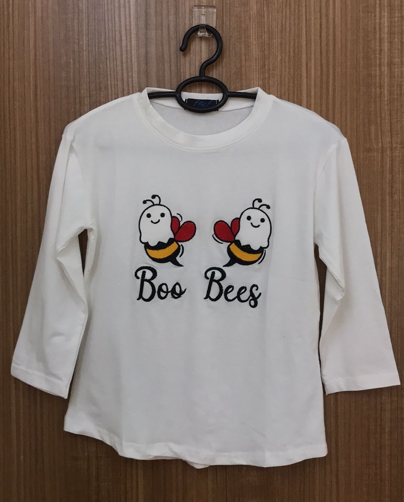 Boo Bees Print White T-shirt With Long Sleeves For Women