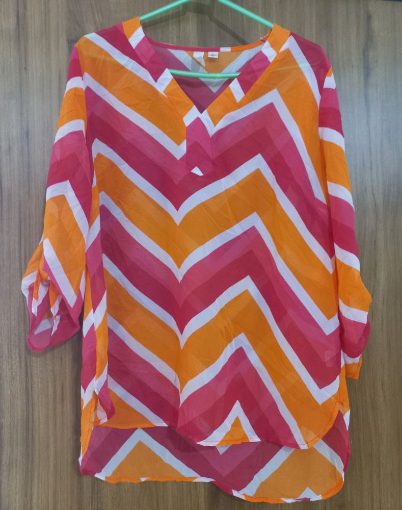 Tecera Orange & Pink V Neck Top