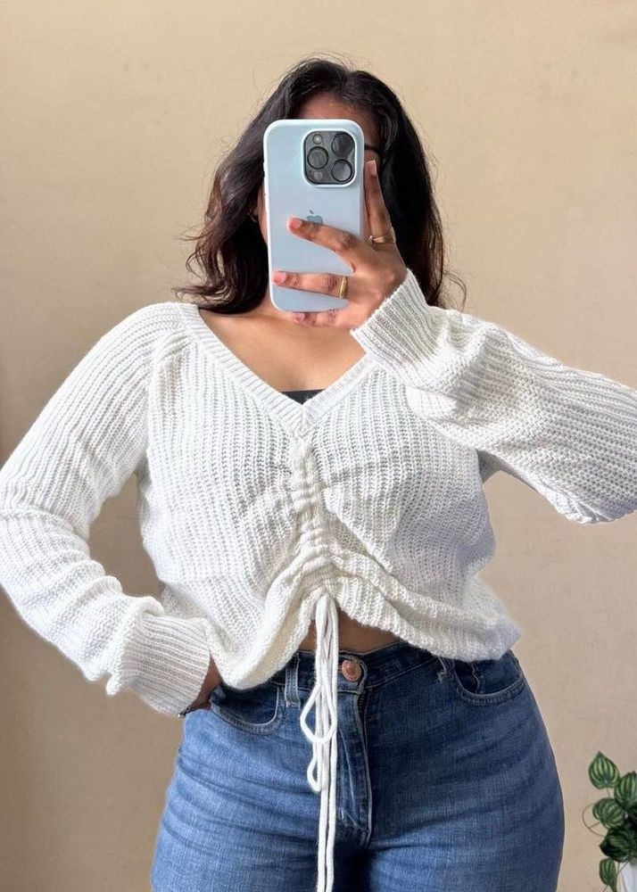 White Knit Drawstring Pullover