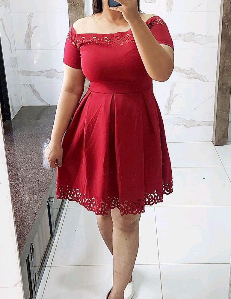 Off Shoulder Laser Cut Fit and Flare Dress