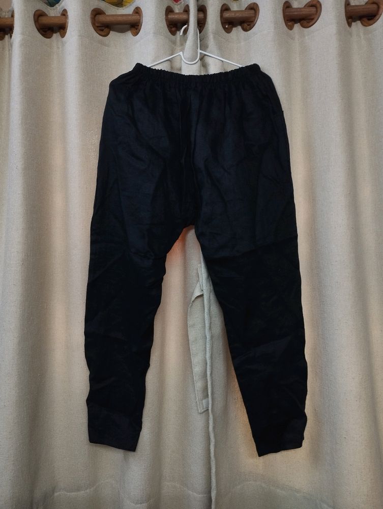 Black Cotton Silk Straight Pants