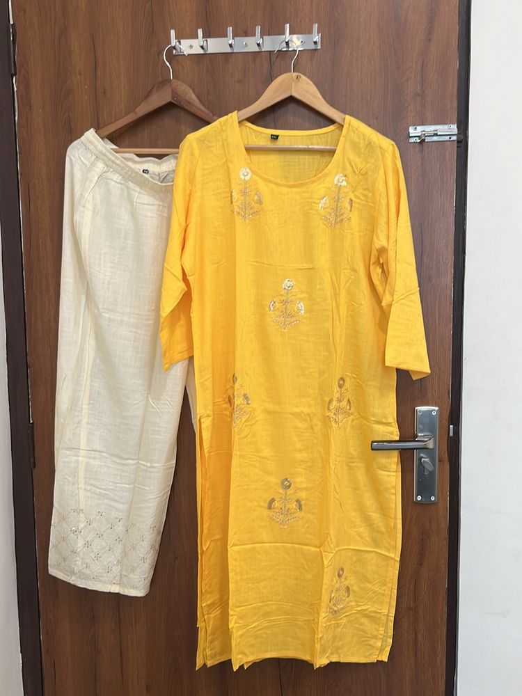 Hand Embroidery Yellow Kurta With Palazzo