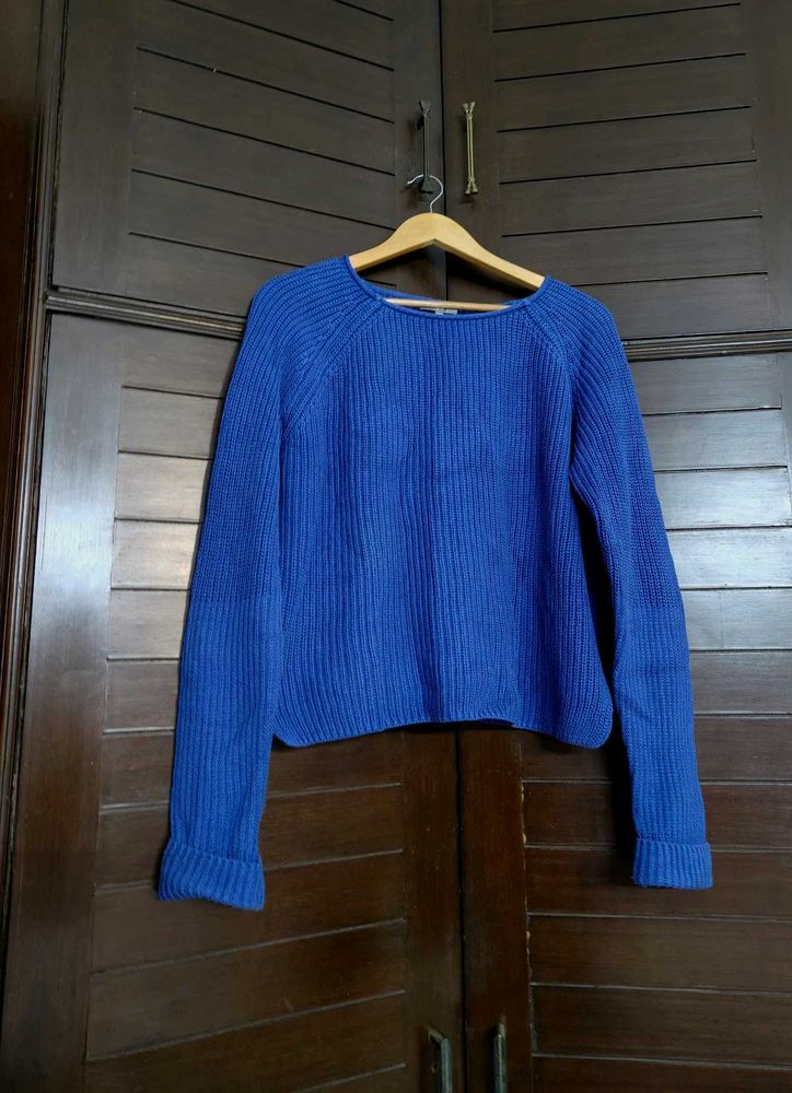 Women Blue Oversized Knited Rib Cotton Sweater