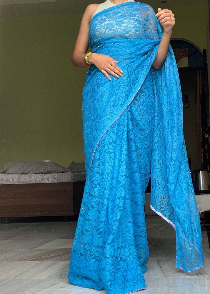 BLUE NET SAREE (New With Fall Piko)