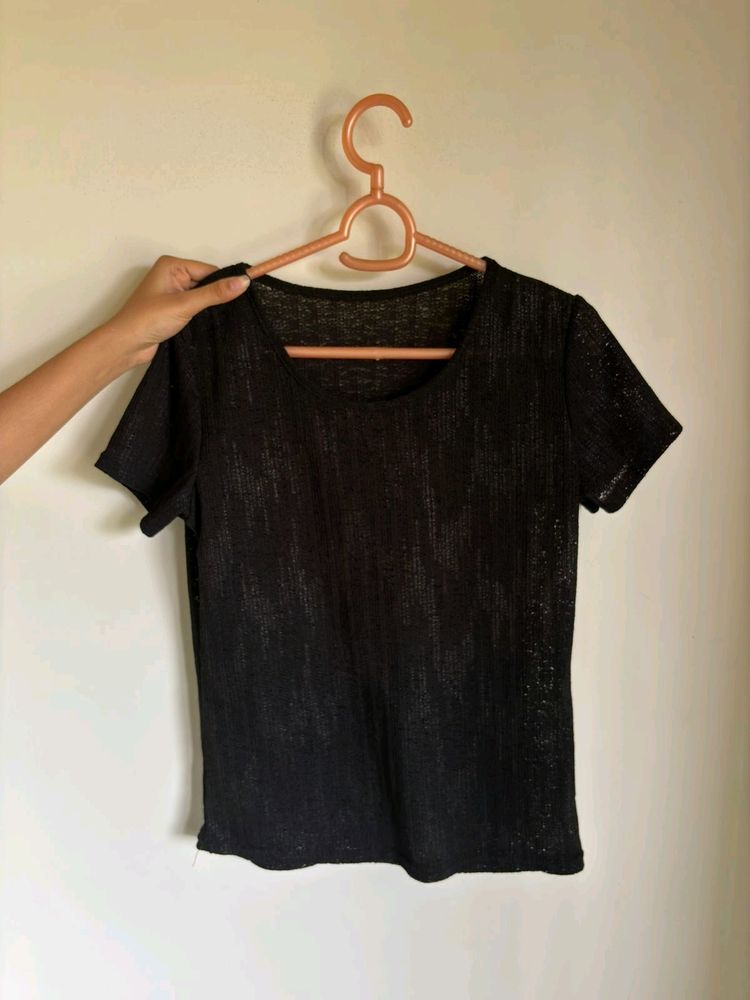 Textured Black Mesh Top