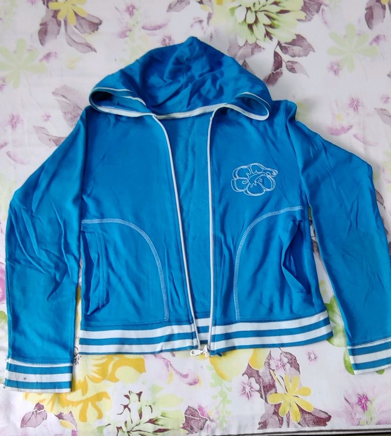 Beautiful Hoody Like  Sky Blue Jacket With Back Floral Print