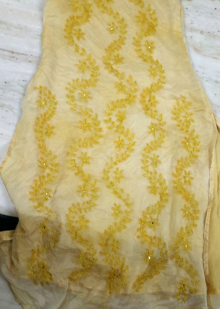 Yellow Chikenkaari Work Breautiful Kurti