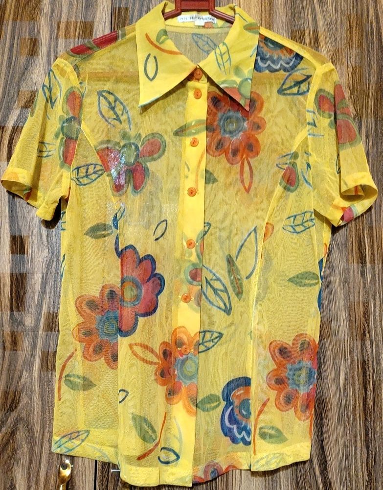 Pepe Floral Yellow Netted See-through Button Top