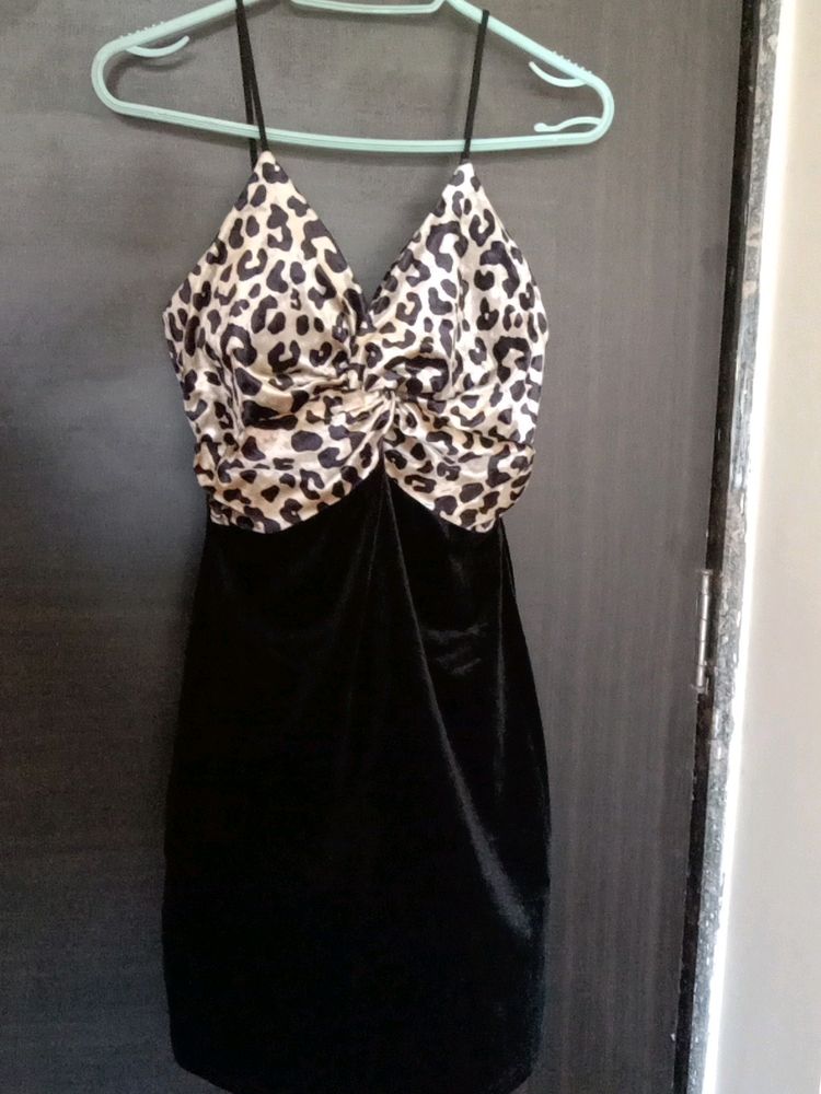 Black Satin Leopard Print Padded Mini Dress