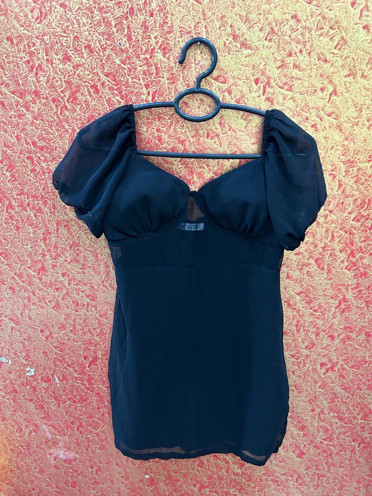 Black Ruffle Half Sleeve Dress