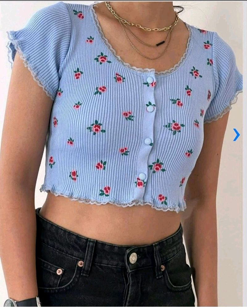 Urbanic Crop  Top , Ribbed Pattern , Blue Colour,