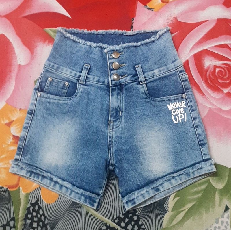 Shorts For Girls Casual Printed Denim (Blue)