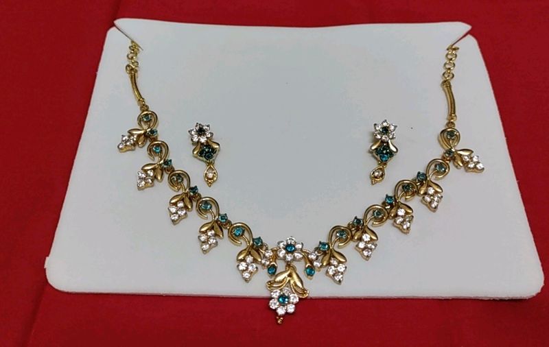 Light Blue Stone Gold Plated Necklace With Earring