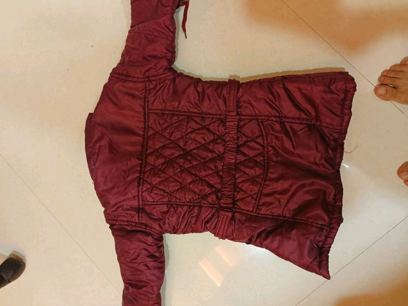 Maroon Winter Fur Woollen Jacket For Kids Girls