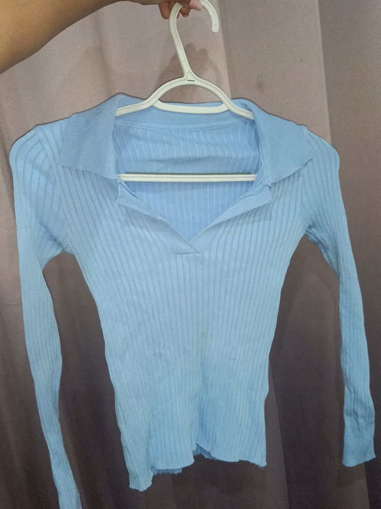 Sky-blue Fitted Polo Top Women