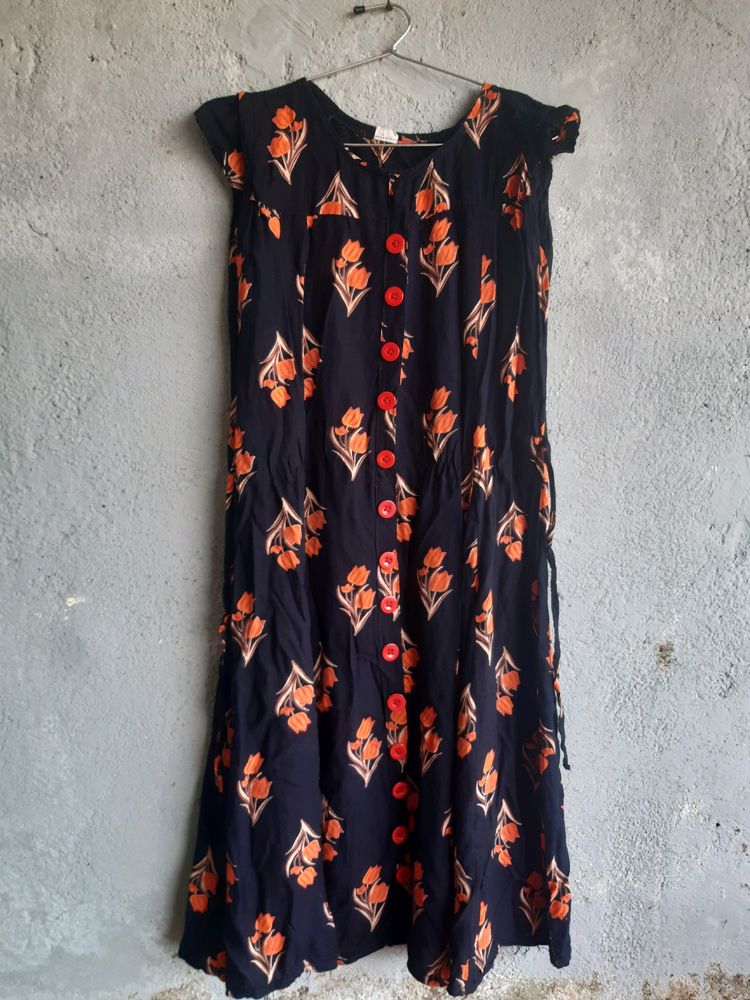 Black Anarkli Top Having Orange Floral Design