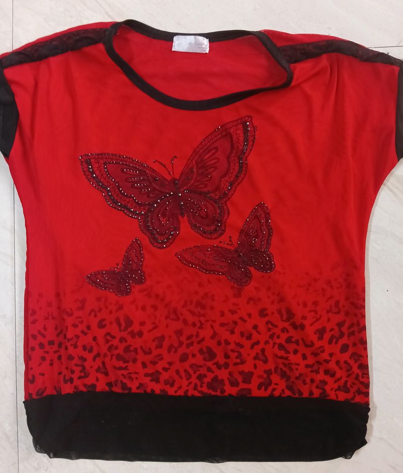 Red Butterfly Print Top