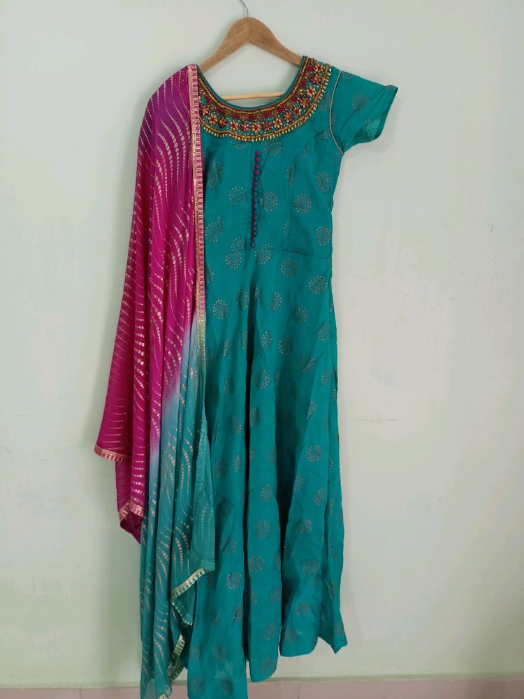 Blue Anarkali Gown With Dupatta