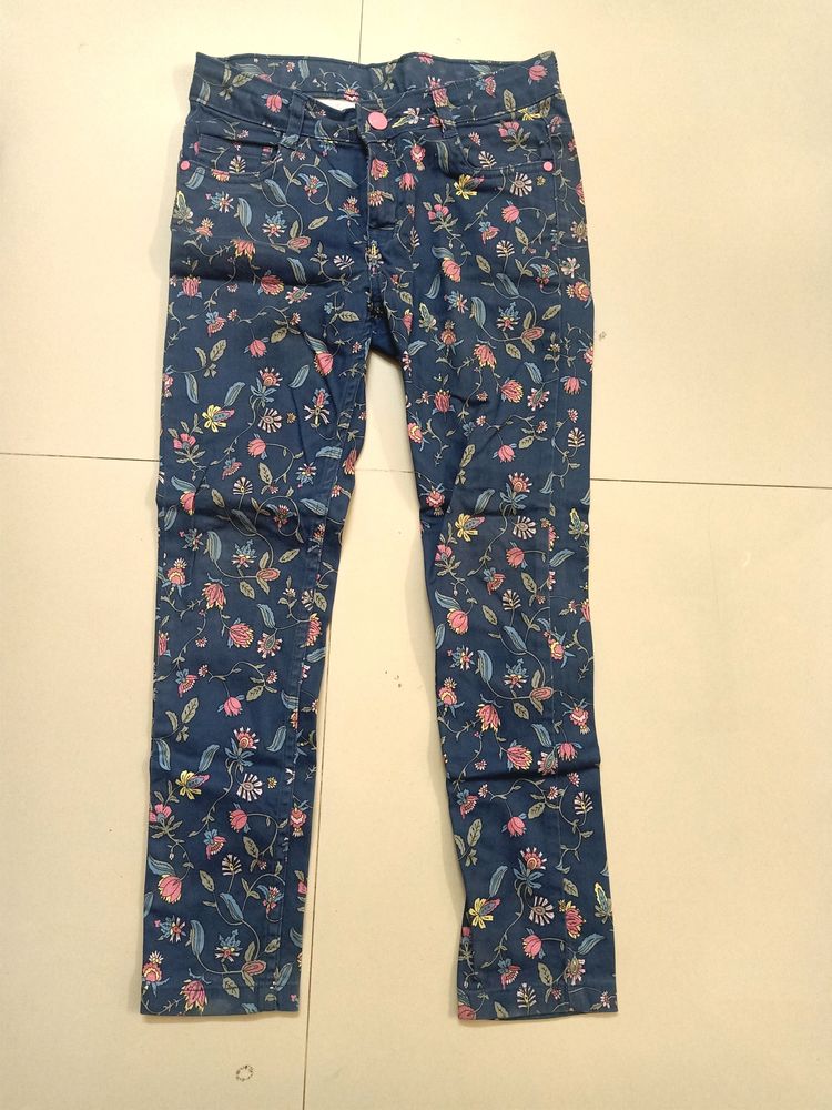 Blue Floral Print Jeans For Girls