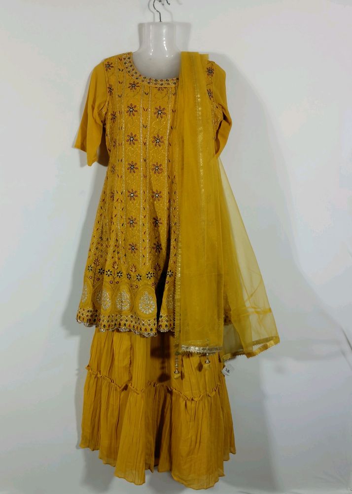 Mustard Yellow Embroidered Kurta Skirt Set(women)